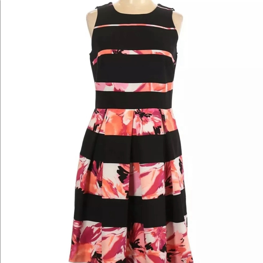 Dressbarn Black with Pink floral stripe Pleated Dress Size 8 Like new